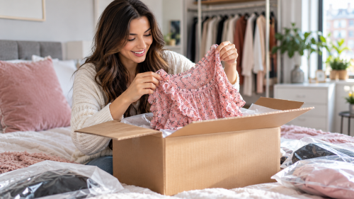 Courier handing a fashion parcel to a customer
